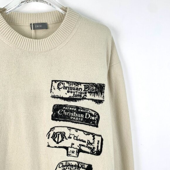 CHRISTIAN DIOR Logo Label Print Beige Wool Crewneck Sweater Size L Made In Italy - Picture 6 of 7